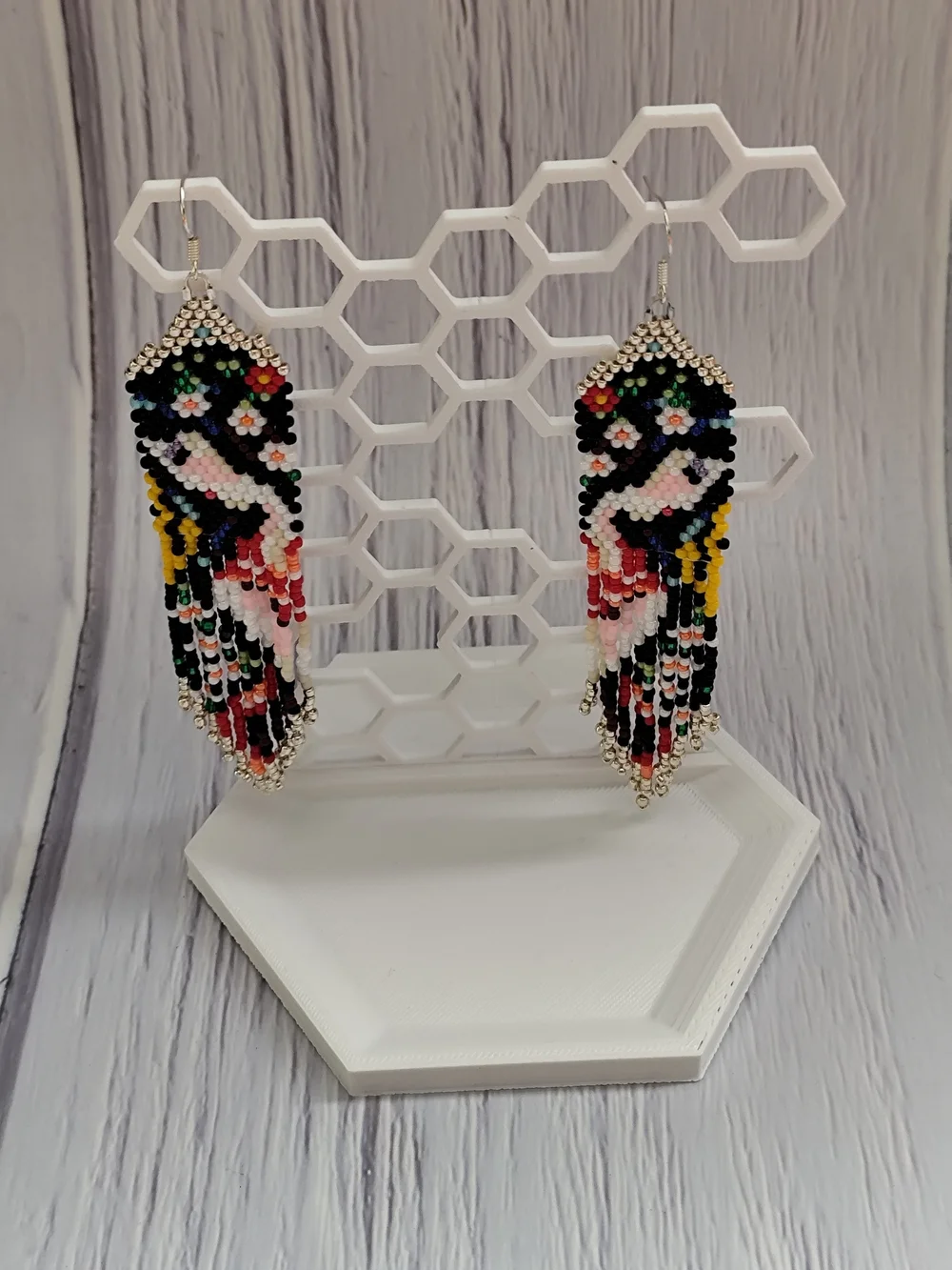 Handmade Multicolor Beaded Fringe Earrings — Bird Motif